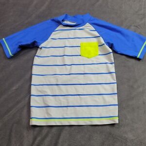Koala Kids Boys 5T Rash Guard Swim Shirt Blue White Striped‎ Neon Yellow Pocket